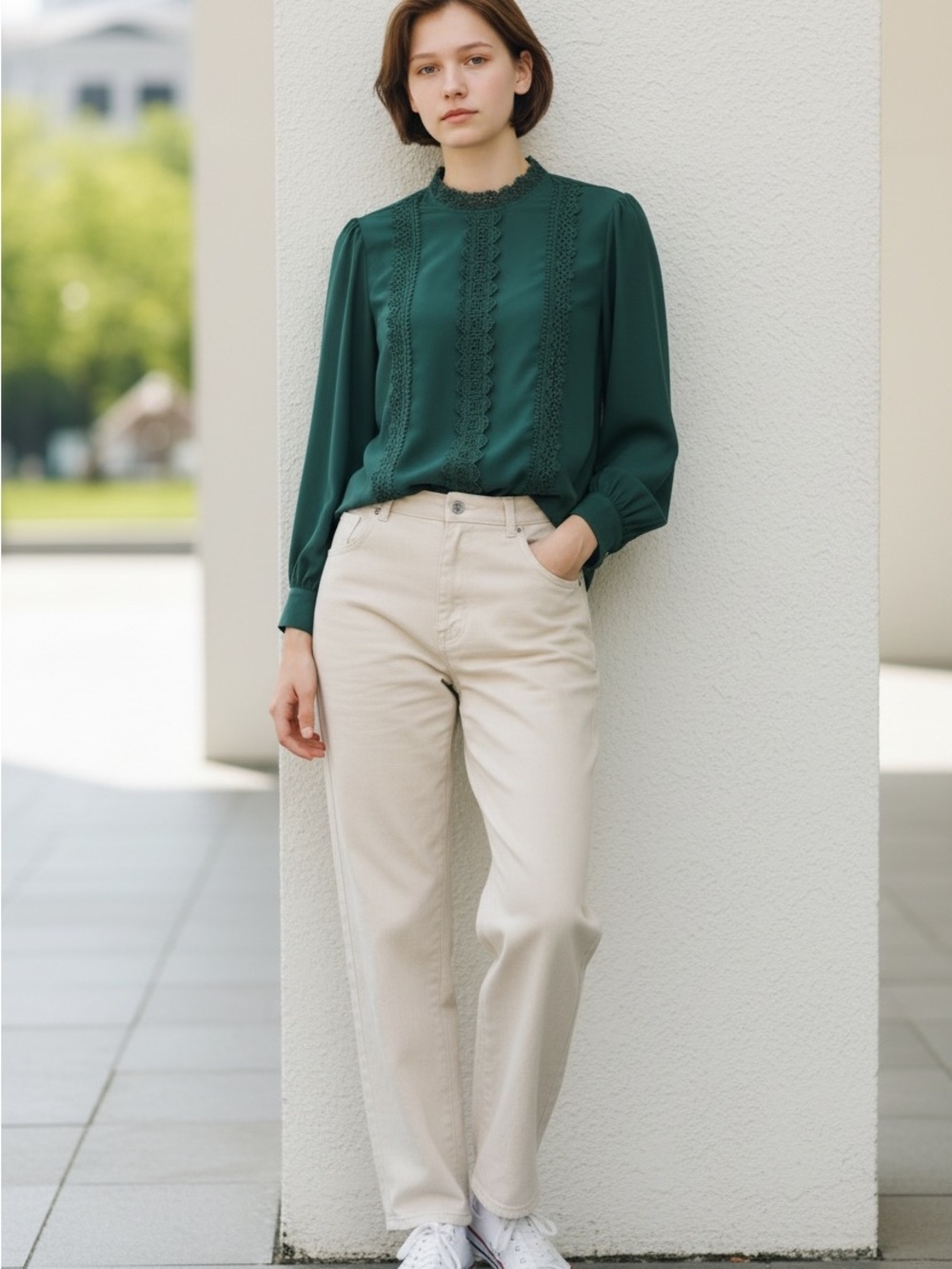 SHEIN Emerald Green Lace Detail Blouse | Size Small